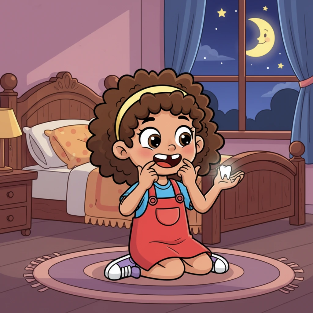 One evening, after a super-duper giggle, Lily's wobbly tooth popped right out! It was a tiny, pearly white shell, with no roots left at all. Lily gasped, then grinned, feeling a funny, airy space in her mouth.