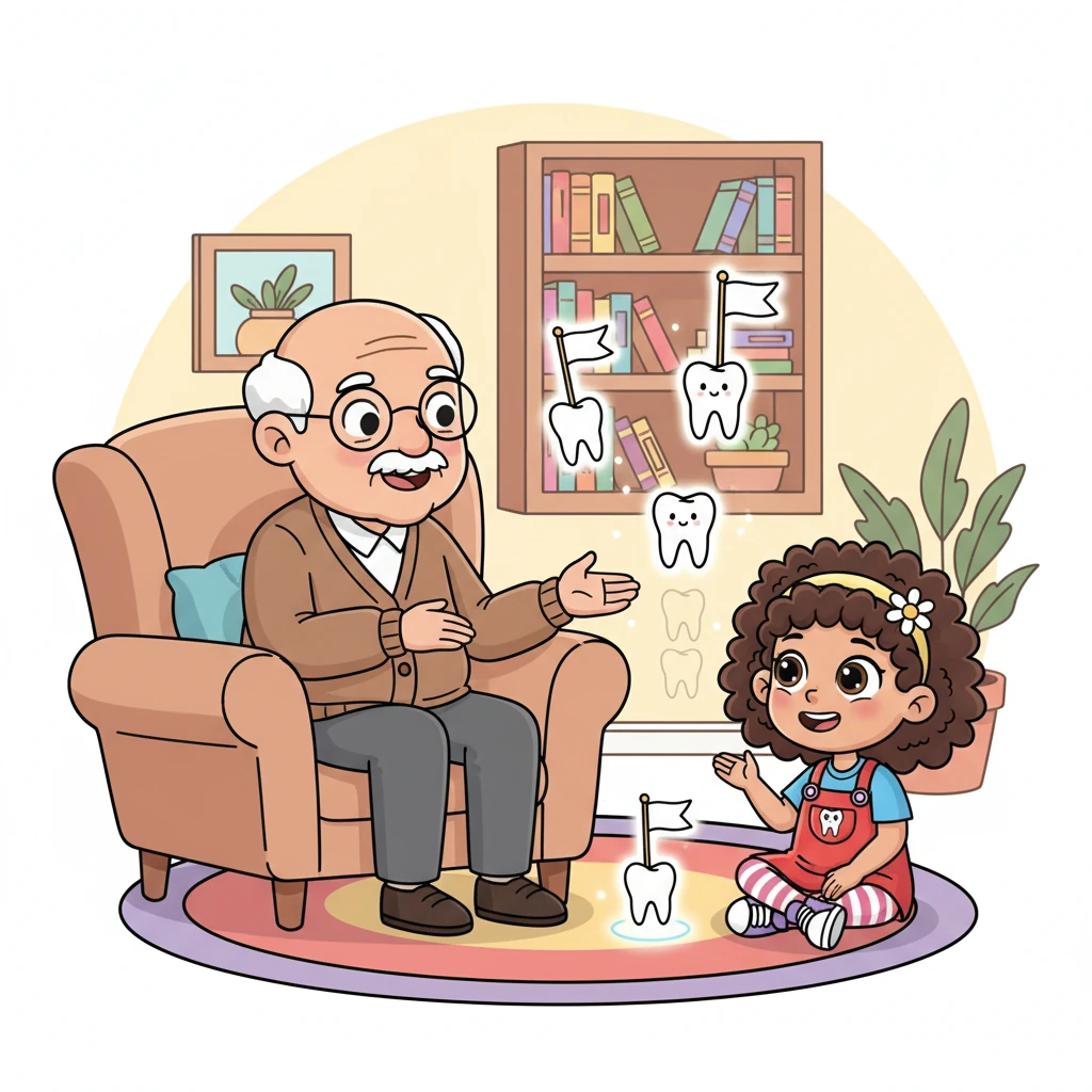 Grandpa explained that baby teeth are like little 'placeholders' or tiny flags, showing the big teeth exactly where to go. They keep the spots warm and ready until the jaw grows bigger and has enough room for everyone.