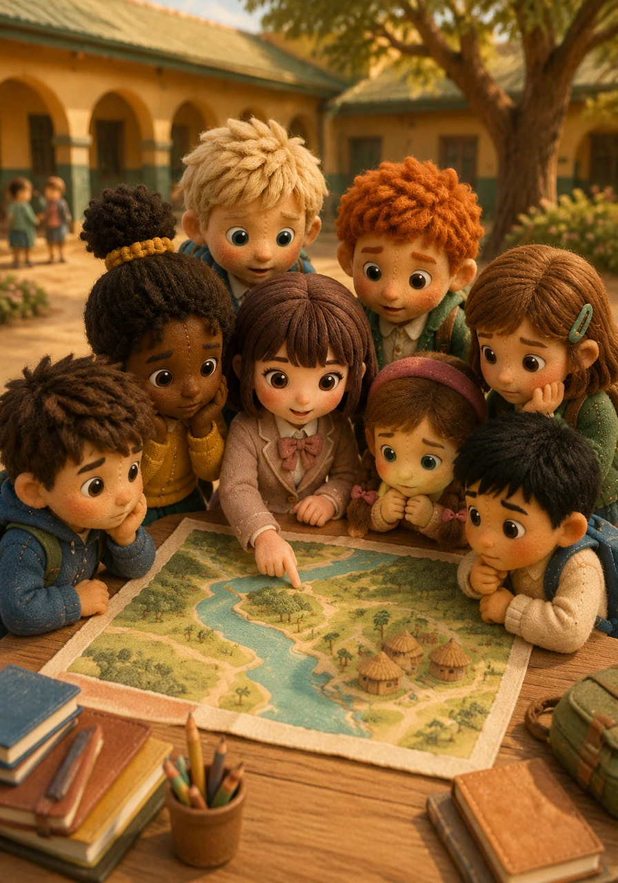 In the sunlit courtyard of their school, Mary and her classmates huddled around a large map, their faces lit up with curiosity. They spoke in hushed, eager tones about their upcoming vacation project to study the legendary singing river and the deep-rooted traditions of Port Loko village.