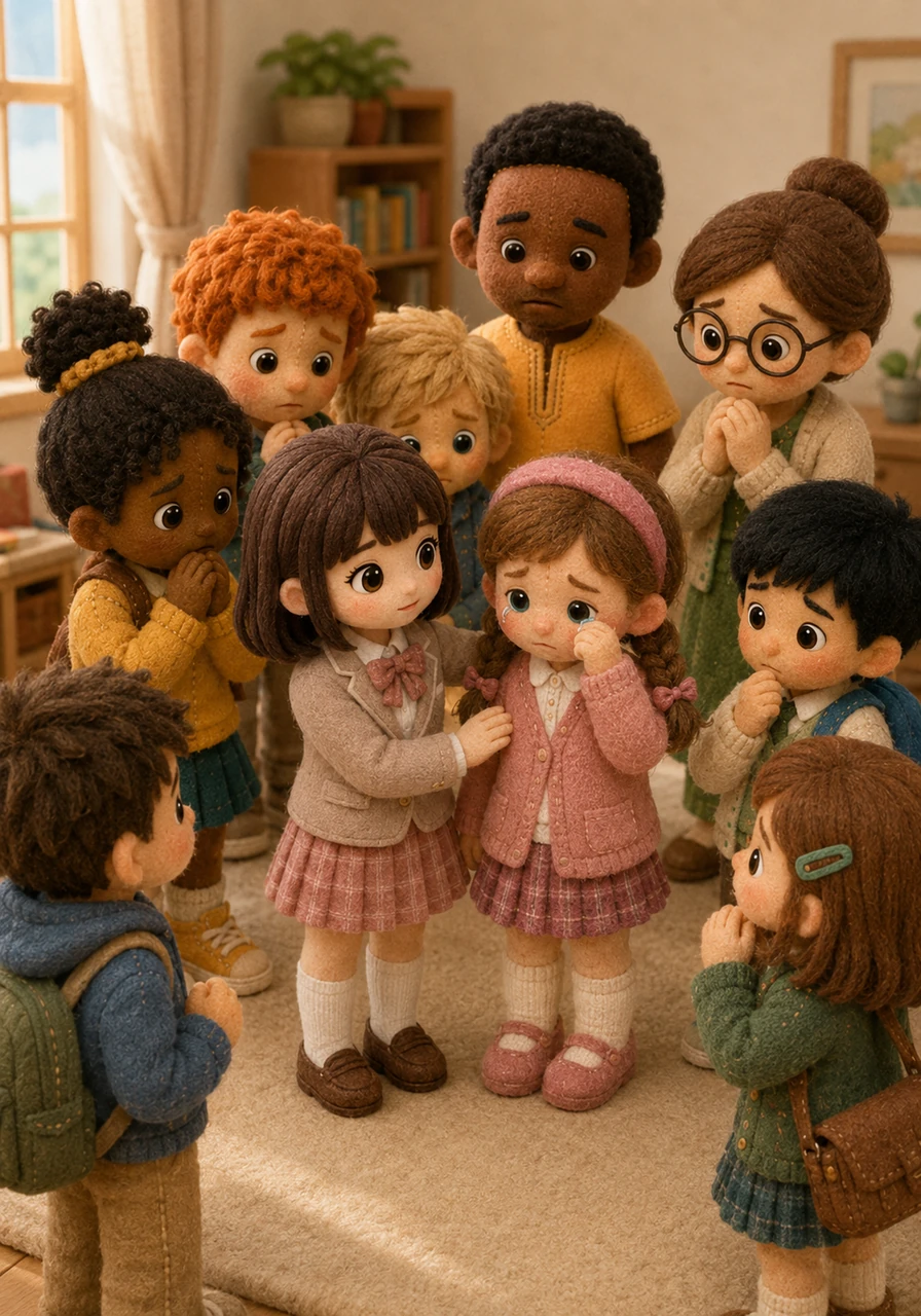 Mary stepped into the center of the room, gently placing a comforting hand on her crying classmate's shoulder while addressing the anxious crowd. She spoke with a calm, steady voice, trying to soothe their doubts and remind them of the incredible discovery awaiting them.