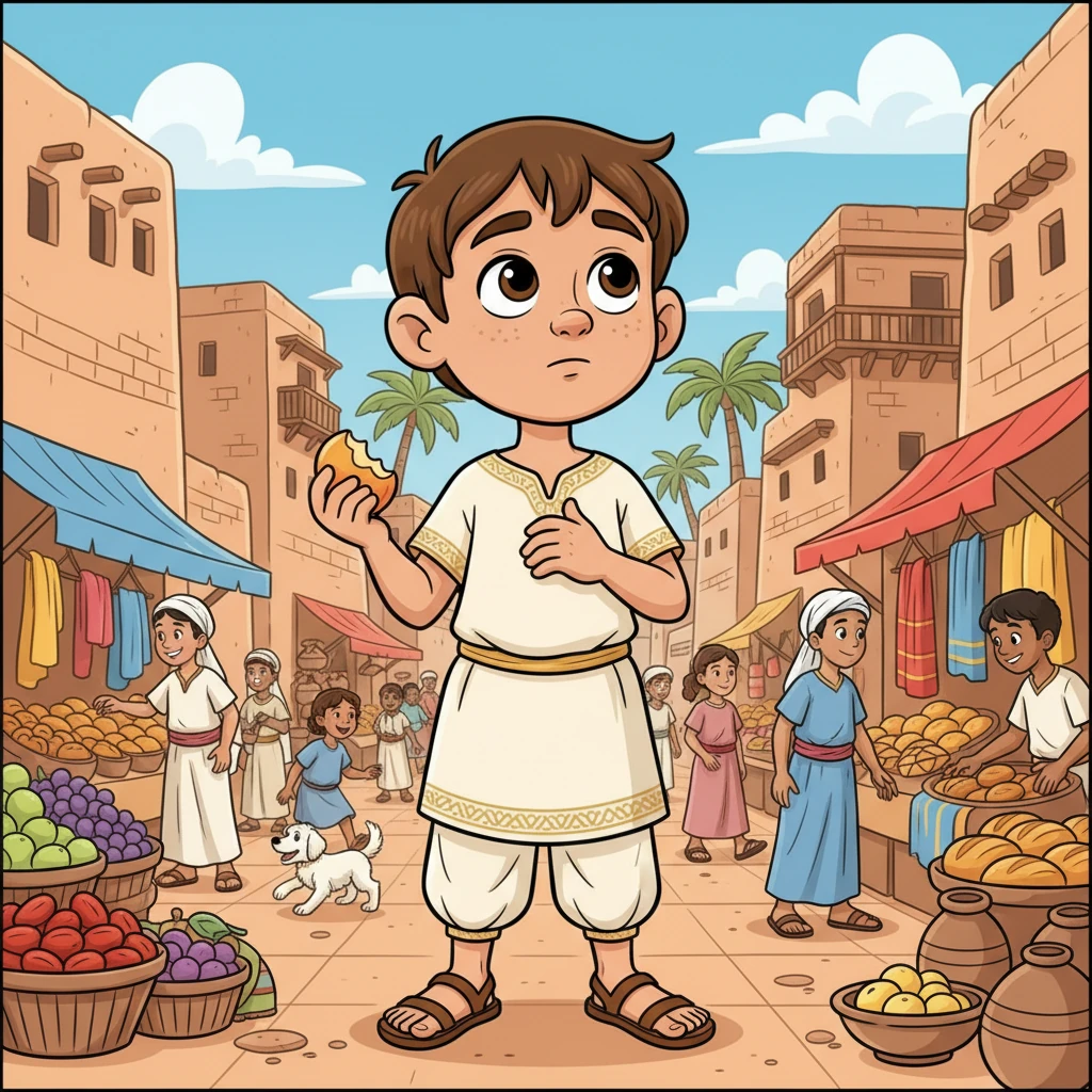 Young Anthony lived in a bustling Egyptian town, surrounded by grand homes and lively markets. He came from a kind, wealthy family, always dressed in fine clothes and enjoying delicious feasts. But sometimes, amidst all the fun, he felt a quiet longing for something more.