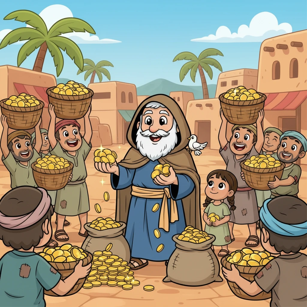 With a joyful heart, Anthony sold his family's treasures, turning them into piles of gold coins. He shared every coin with the poor villagers, who cheered and smiled, their baskets overflowing. His little sister watched, a mix of wonder and understanding on her face.
