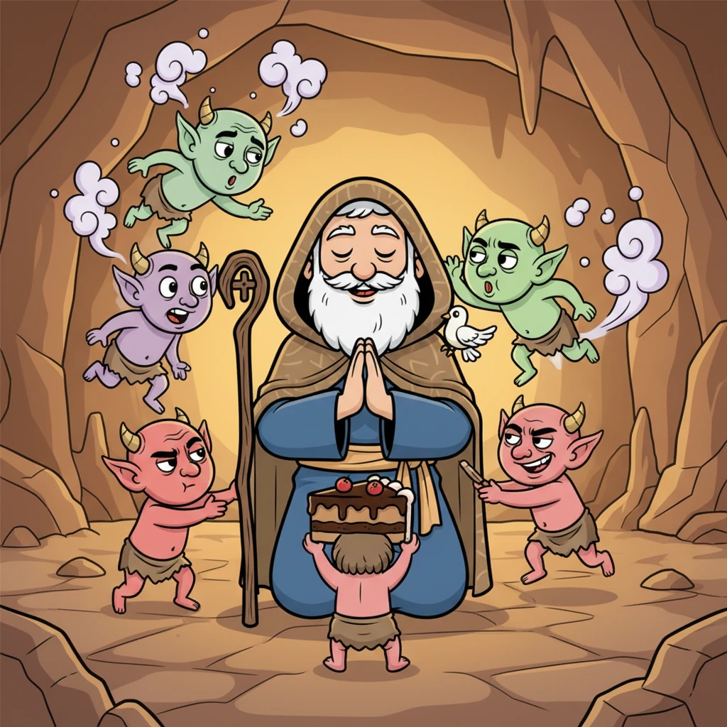In his quiet desert cave, Anthony faced all sorts of silly, mischievous temptations. Tiny, grumpy imps tried to offer him giant cakes or whisper doubts, but Anthony, with a determined grin, simply focused on his prayers, making the little imps vanish in puffs of smoke.