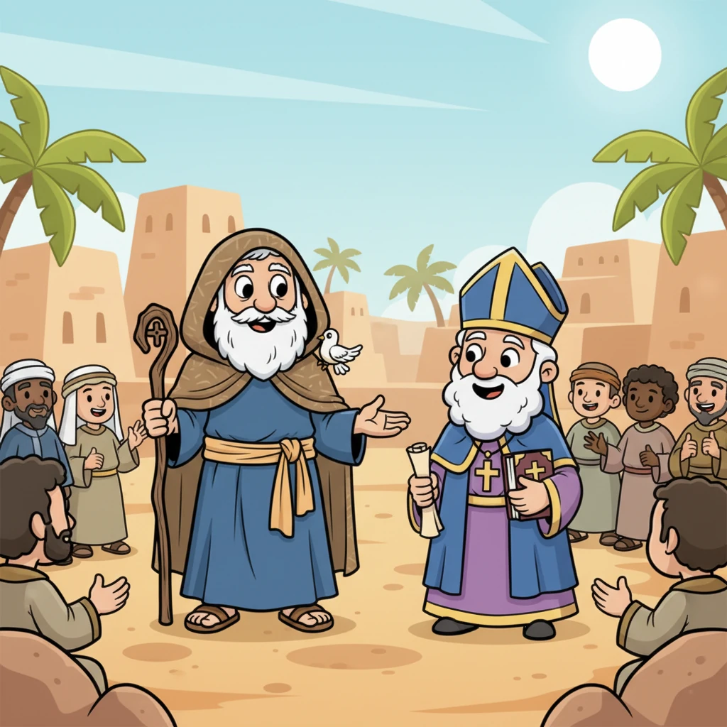 When big arguments threatened the peace of the Christian world, Anthony bravely left his quiet desert to speak up for truth. Standing tall beside his friend Athanasius, he shared his clear wisdom, helping everyone understand the true message of faith.