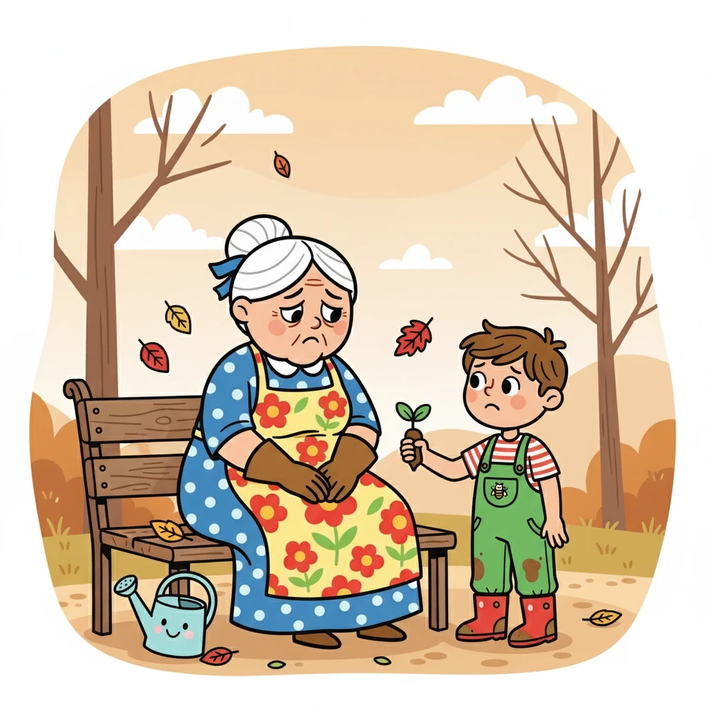 Mamie Lucie était triste. Son travail, qu'elle aimait tant, avait pris fin. Elle se sentait perdue, comme une feuille emportée par le vent d'automne. Hugo, son petit-fils, remarqua sa tristesse.