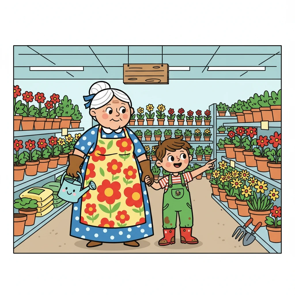 Hugo, plein d'entrain, proposa une idée : planter un jardin ! Il savait que les fleurs pouvaient apporter de la joie. Mamie Lucie, d'abord hésitante, accepta avec un sourire timide. Ils se rendirent ensemble dans une jardinerie.
