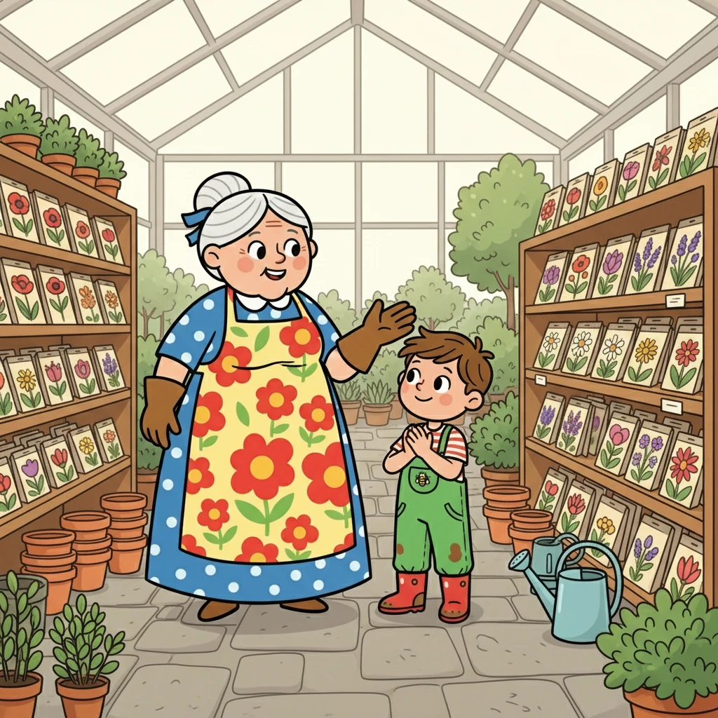 Dans la jardinerie, ils choisirent des graines de toutes les couleurs. Hugo, les yeux brillants, rêvait déjà de voir les fleurs éclore. Mamie Lucie, un peu plus joyeuse, imaginait un jardin rempli de vie.