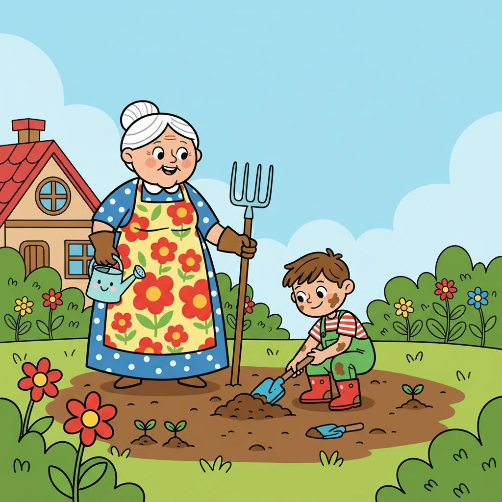 De retour à la maison, ils préparèrent la terre avec soin. Hugo, avec sa petite pelle, s'appliquait. Mamie Lucie, retrouvant le plaisir de travailler la terre, se sentait revivre.