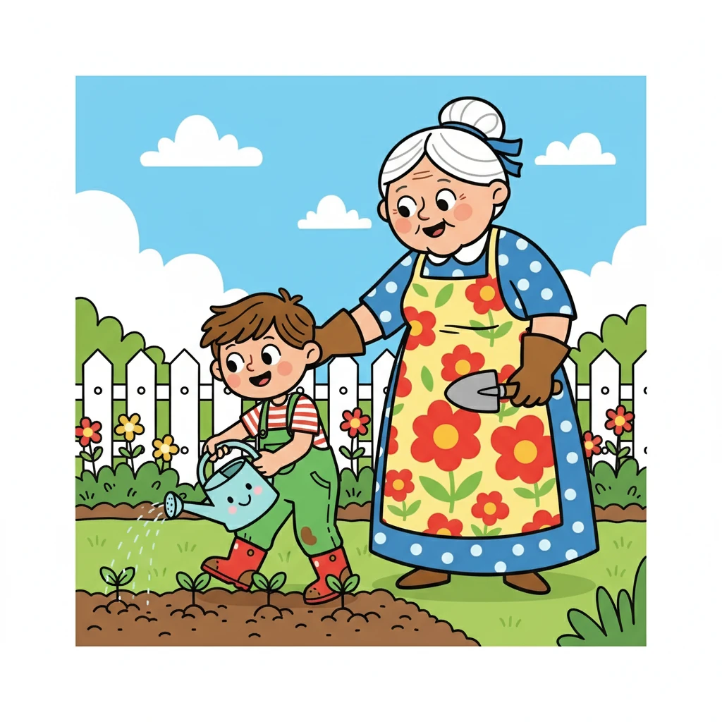 Ils semèrent les graines avec amour et patience. Hugo arrosait chaque jour, veillant à ce que les petites pousses reçoivent tout ce dont elles avaient besoin. Mamie Lucie l'aidait, lui racontant des histoires.