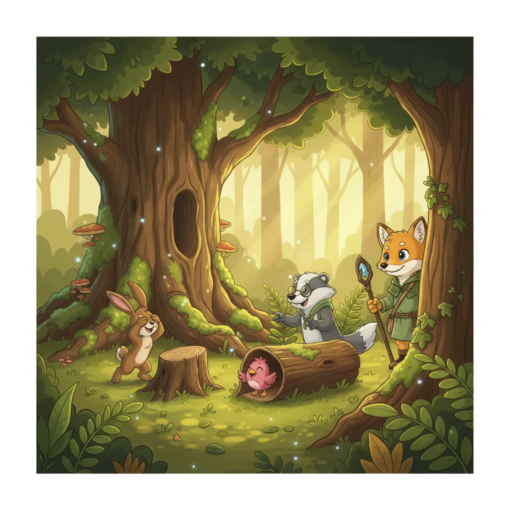 Au cœur de la forêt enchantée vivait Renax, un renard doré aux poils doux comme la soie. Le jour, il était si discret qu'on le confondait avec les rayons du soleil filtrant à travers les feuilles. Il observait attentivement ses amis de la forêt, veillant sur eux avec tendresse.