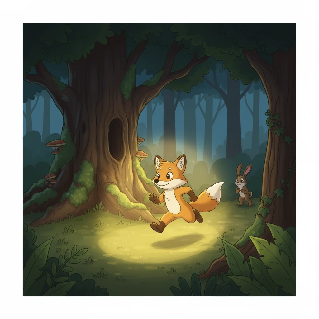 Soudain, une lueur chaleureuse apparut entre les arbres, pulsant doucement. C'était Renax, qui, sentant la détresse du lapin, se rapprochait. Sa lumière éclatante indiqua au petit animal le chemin sûr vers sa famille, dissipant sa peur.