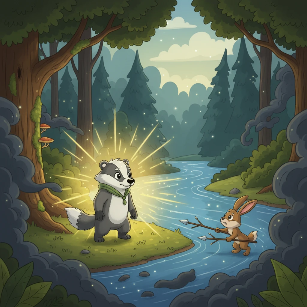 Renax, sentant le danger, se posta devant la rivière, sa lumière dorée pulsant avec force. Elfo et Elfette, armés de leurs petites lances faites de brindilles, se mirent à chasser la brume malveillante. Ensemble, leur force et leur lumière repoussèrent l'obscurité.