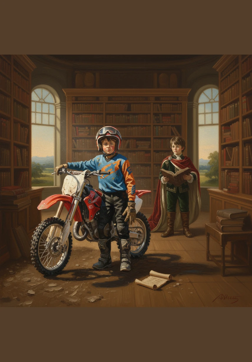 Leo stands at the entrance of the dusty dirt bike park, wearing his favorite bright orange and black KTM shirt. He looks at the rolling hills and sharp turns with a mix of excitement and nervous energy, clutching his helmet tightly.