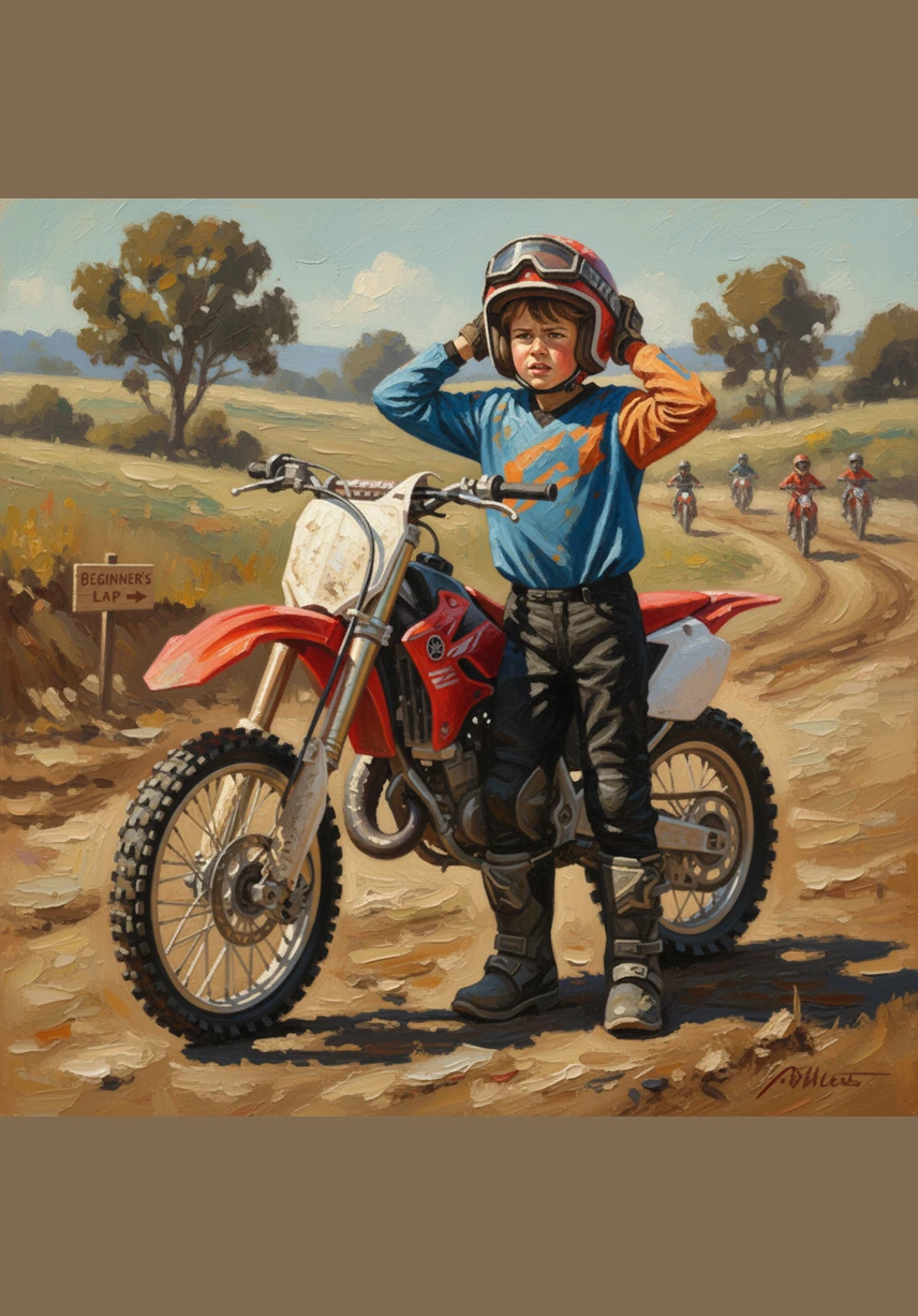 He climbs onto his small dirt bike and kicks the engine to life, feeling the powerful vibration through the seat. The roar of the motor fills the air as he prepares to take his very first lap on the bumpy beginner track.