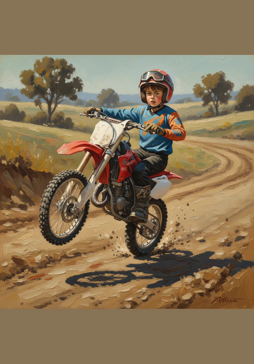 As he attempts to navigate the first set of small mounds, Leo loses his balance and wobbles. The bike tips over, sending him sliding into the soft, brown dirt while other riders zoom past him.