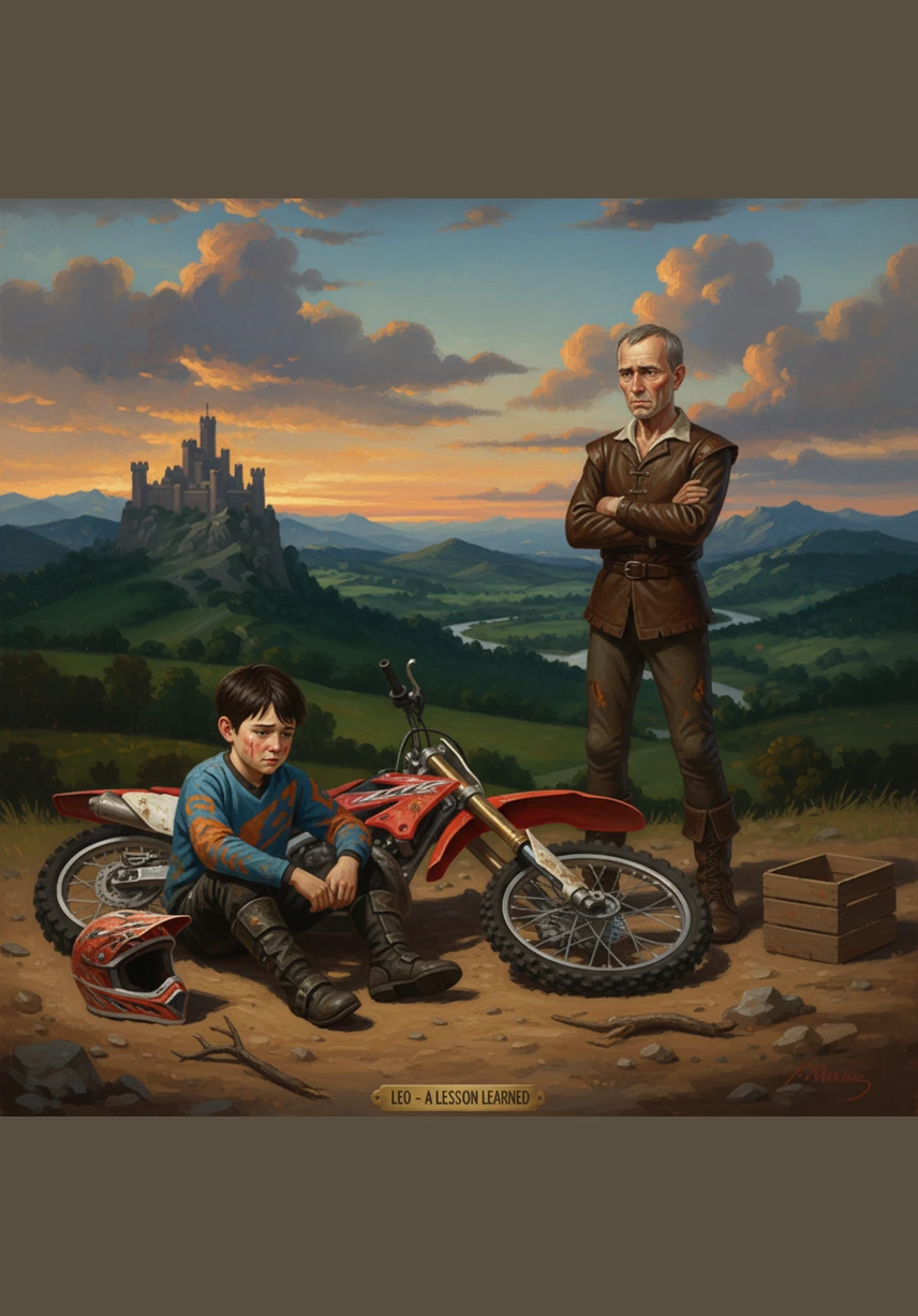 After several more tumbles, Leo sits on the ground next to his tipped bike, looking frustrated and defeated. His once-clean KTM shirt is now covered in dust, and he begins to wonder if he should just give up and go home.