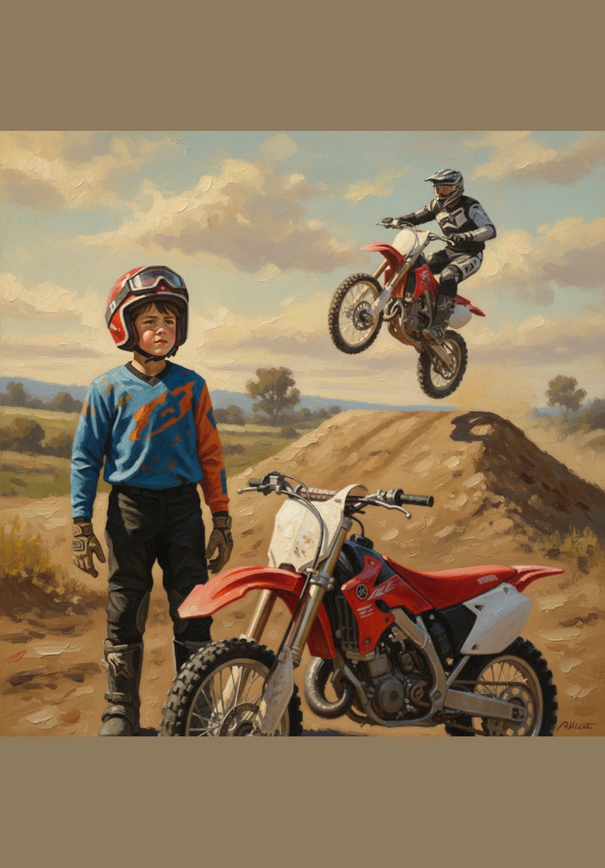 Leo watches an experienced rider soar through the air over a large jump with perfect grace. Seeing the rider's skill sparks a flame of motivation inside him, reminding him how much he truly wants to master the track.