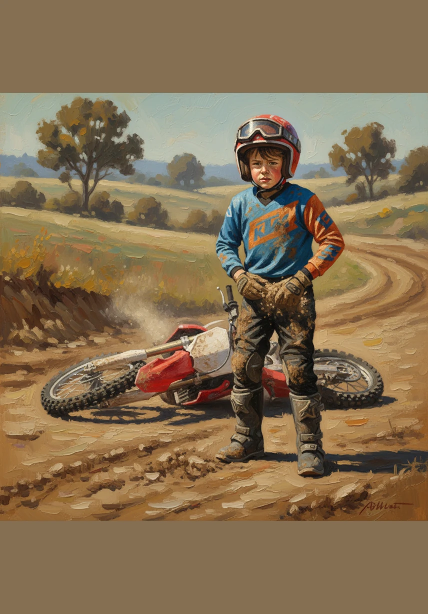 Determined to try again, Leo stands up and brushes the thick dust off his knees and his KTM logo. He takes a deep breath, puts his helmet back on, and grips the handlebars with a new sense of purpose.