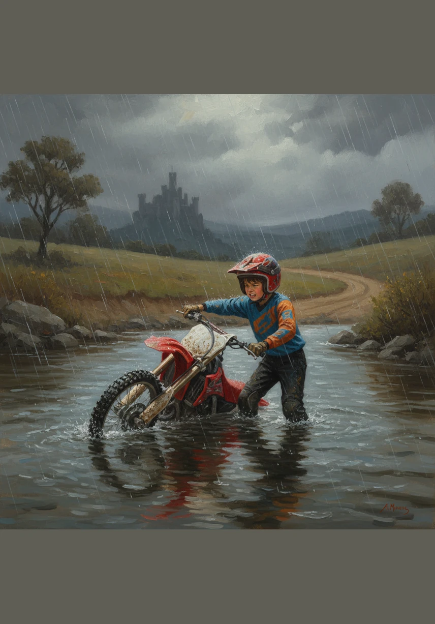 He starts the engine again and approaches the first turn with more speed and focus than before. Even when the bike slides slightly on the loose gravel, Leo keeps his eyes forward and manages to stay upright.