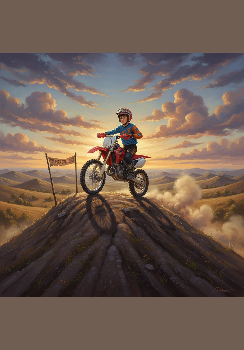 Leo approaches the biggest hill on the beginner course, leaning forward and twisting the throttle with confidence. He feels the wind against his face as he smoothly clears the crest of the hill, landing perfectly on the other side.