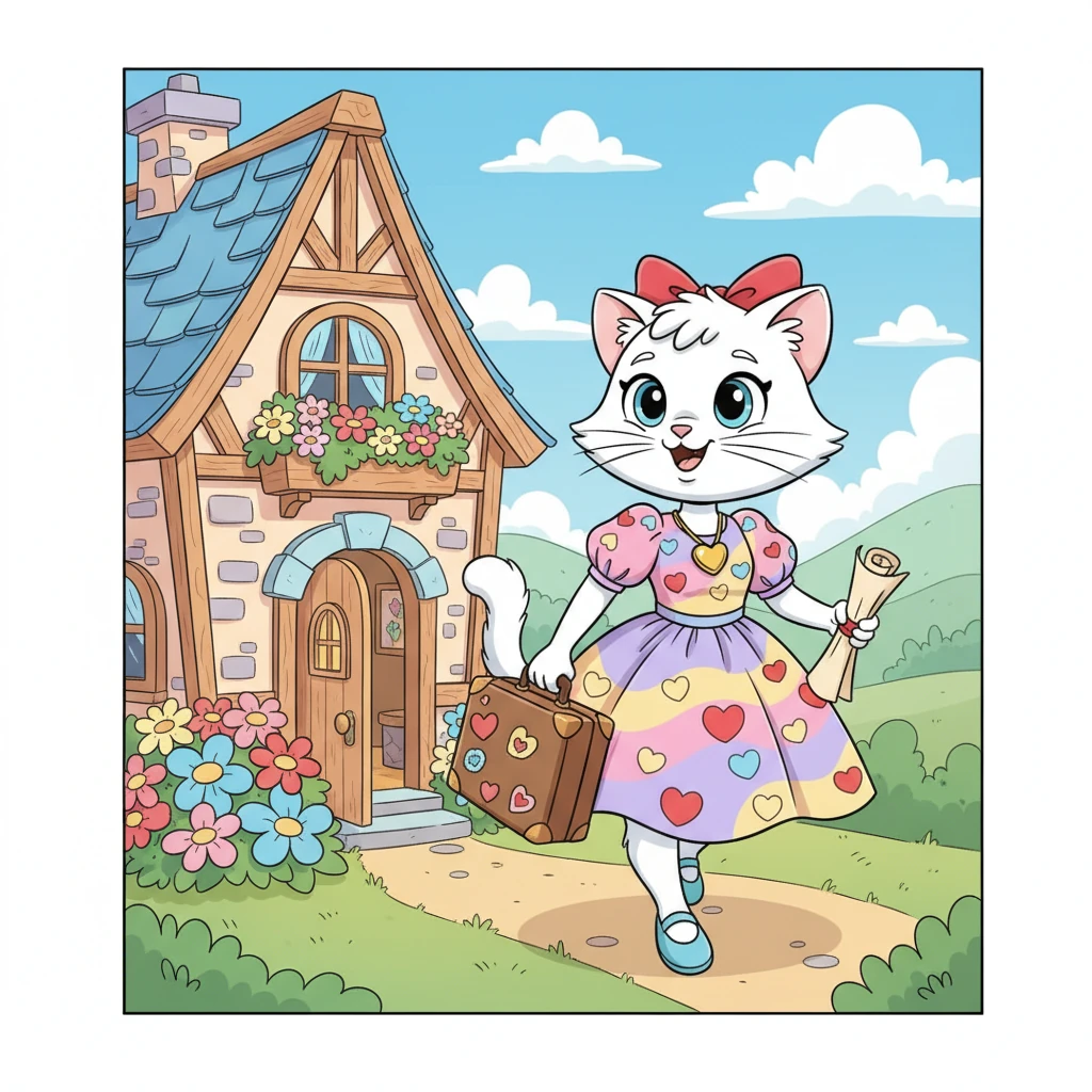 Ms. Valentine, a graceful cat with a heart full of warmth, lived in a cozy cottage adorned with blooming flowers. She believed that love was the most wonderful feeling in the world, but noticed many young hearts didn't quite understand its magic. With a determined sparkle in her eyes, she decided to embark on a grand adventure to share her wisdom. She packed her trusty suitcase, brimming with maps and kind thoughts, ready to teach the meaning of love to young ladies across the globe.