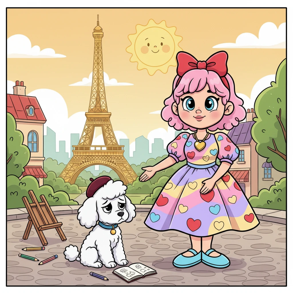 Her first stop was the romantic city of Paris, France, where the Eiffel Tower sparkled under a warm sun. Here, she met Colette, a little poodle who felt lonely, wishing she had more friends. Colette spent her days sketching beautiful pictures by herself, a little sad. Ms. Valentine saw Colette's gentle heart and knew exactly where to begin.