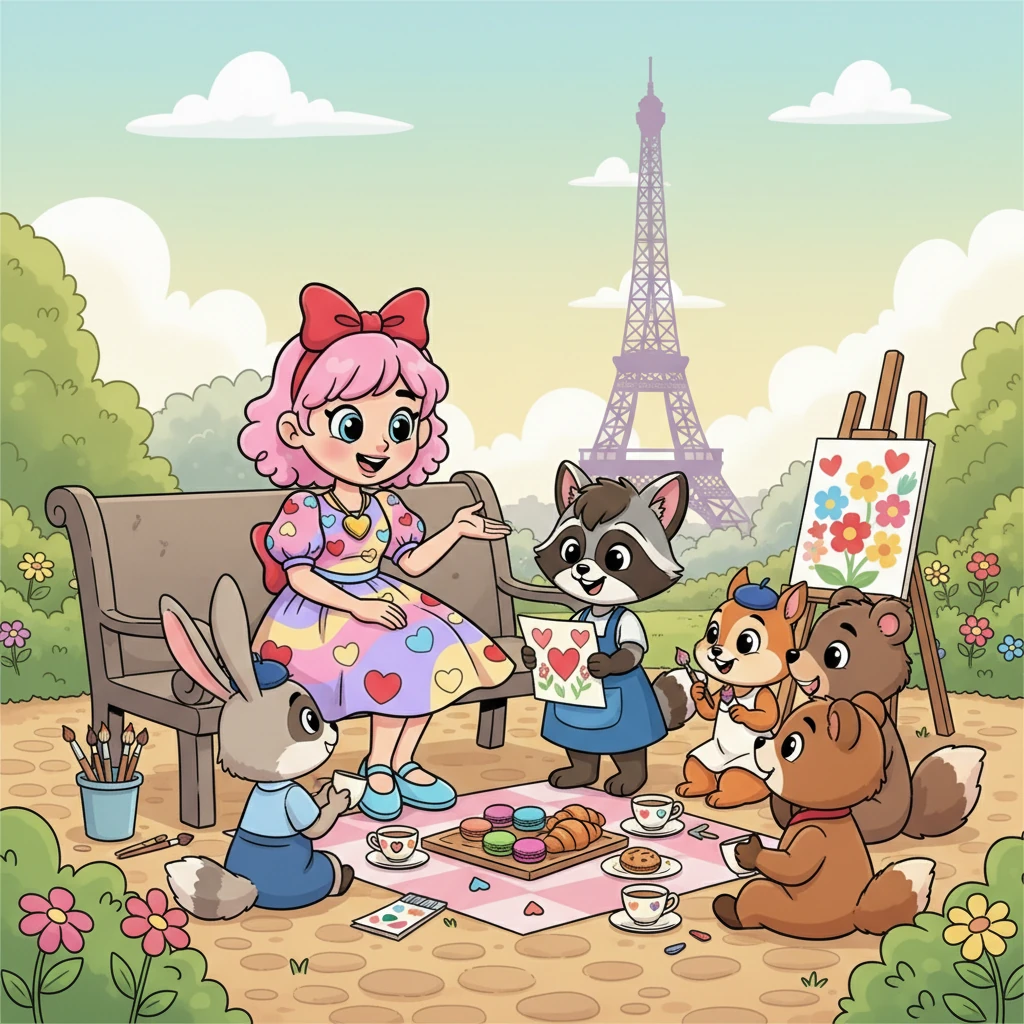 Ms. Valentine gently explained to Colette that love could be found in shared laughter and helping hands. She encouraged Colette to share her art, and soon, other young animals gathered around, admiring her talent. Colette discovered the joyful love of friendship, realizing that opening her heart made it grow bigger. They shared sweet pastries and giggles, painting together under the Parisian sky.