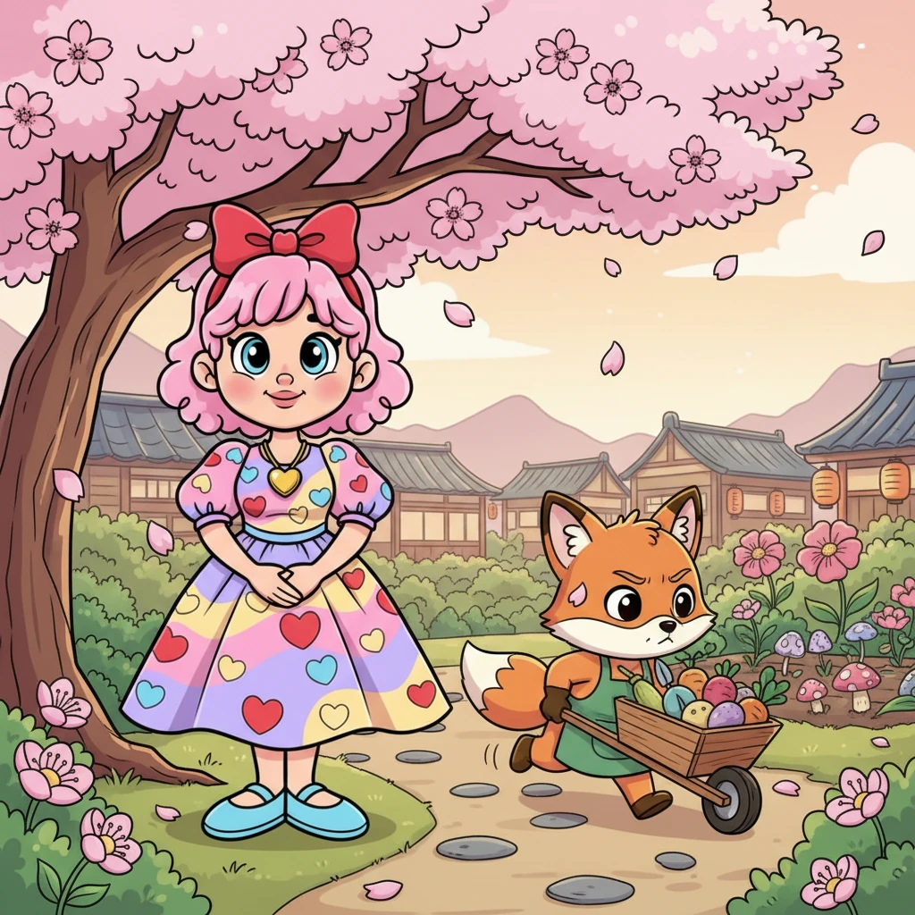 Next, Ms. Valentine journeyed to the serene landscapes of Kyoto, Japan, where cherry blossoms drifted like pink snow. She met Hana, a quiet fox kit who loved tending her small garden but often overlooked the small wonders around her. Hana hurried through her chores, sometimes missing the beauty of each passing moment. Ms. Valentine observed Hana's diligent spirit and knew how to guide her.