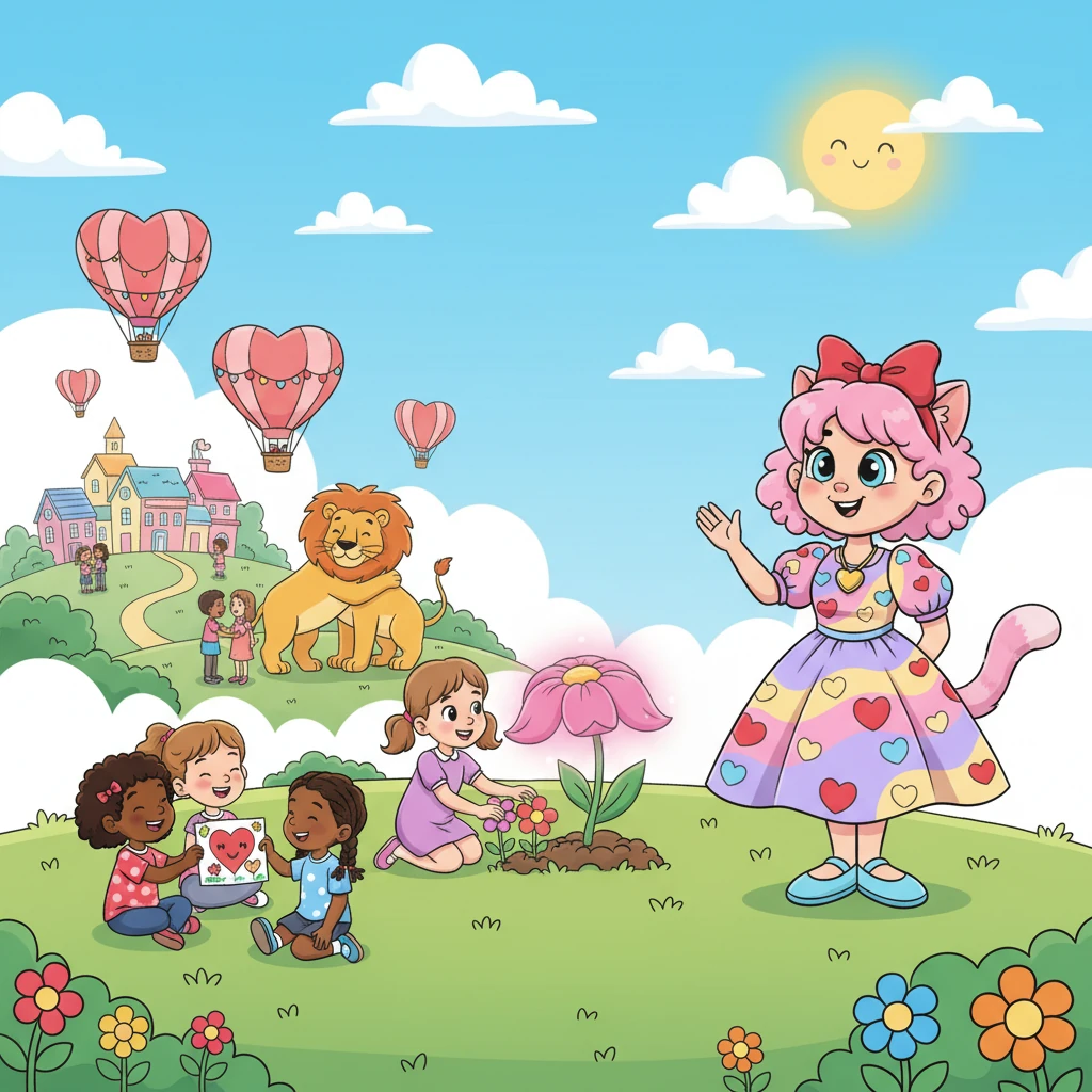 And so, the lessons of Ms. Valentine spread far and wide, carried by the young ladies she met. Colette shared her art with more friends, Hana cherished every petal in her garden, and Zola stayed close to her loving pride. The world became a little brighter, filled with more understanding hearts, all thanks to one special cat who taught them the beautiful meaning of love.