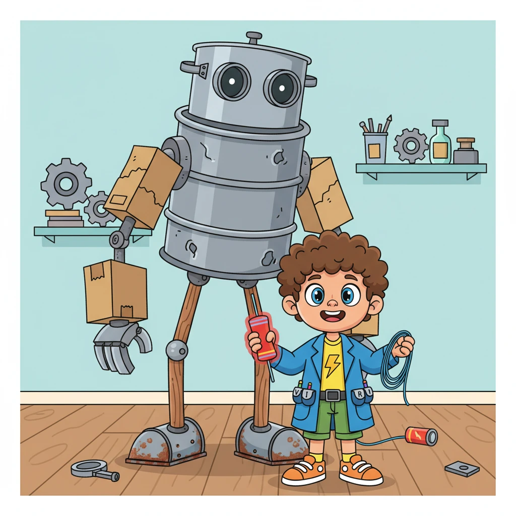 Sparky, a bright-eyed and energetic young inventor, gazed with determination at his giant, wobbly robot, Robo-Buddy. He dreamed of making Robo-Buddy's eyes glow with a cheerful light, ready for adventures. Sparky held a small battery and some wires, but Robo-Buddy's eyes remained stubbornly dim.