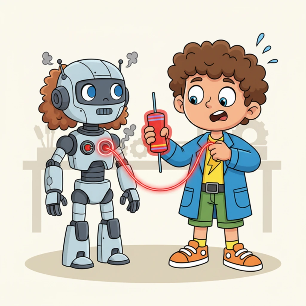 With a hopeful grin, Sparky connected a simple, thin wire from the battery to Robo-Buddy. Suddenly, the wire began to smoke and glow red hot, startling Sparky! Robo-Buddy's eyes still weren't bright, and Sparky looked utterly confused by the unexpected heat.