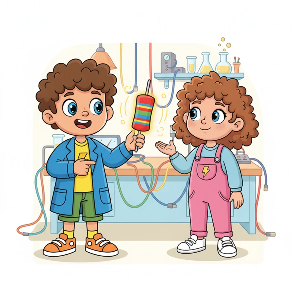 Professor Ohm then introduced a friendly little component called a 'Resistor.' He explained that resistors are like tiny, helpful roadblocks that slow down the electricity, ensuring it flows smoothly and safely. He showed Sparky how it looks like a striped, colorful candy.