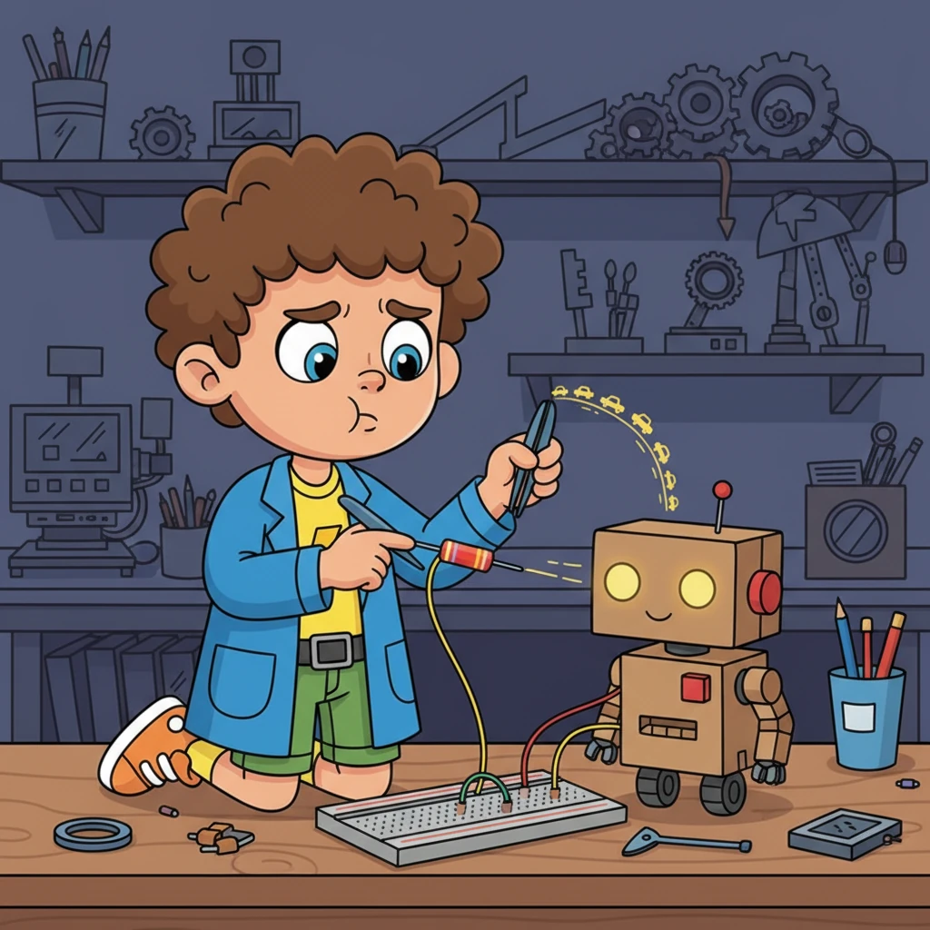 Sparky, eager to try, connected a small resistor into his circuit. This time, no smoke! Robo-Buddy's eyes flickered to a soft, faint glow, but they weren't nearly bright enough. Sparky pouted, realizing the electricity was now too slow, like cars barely moving on a bridge.