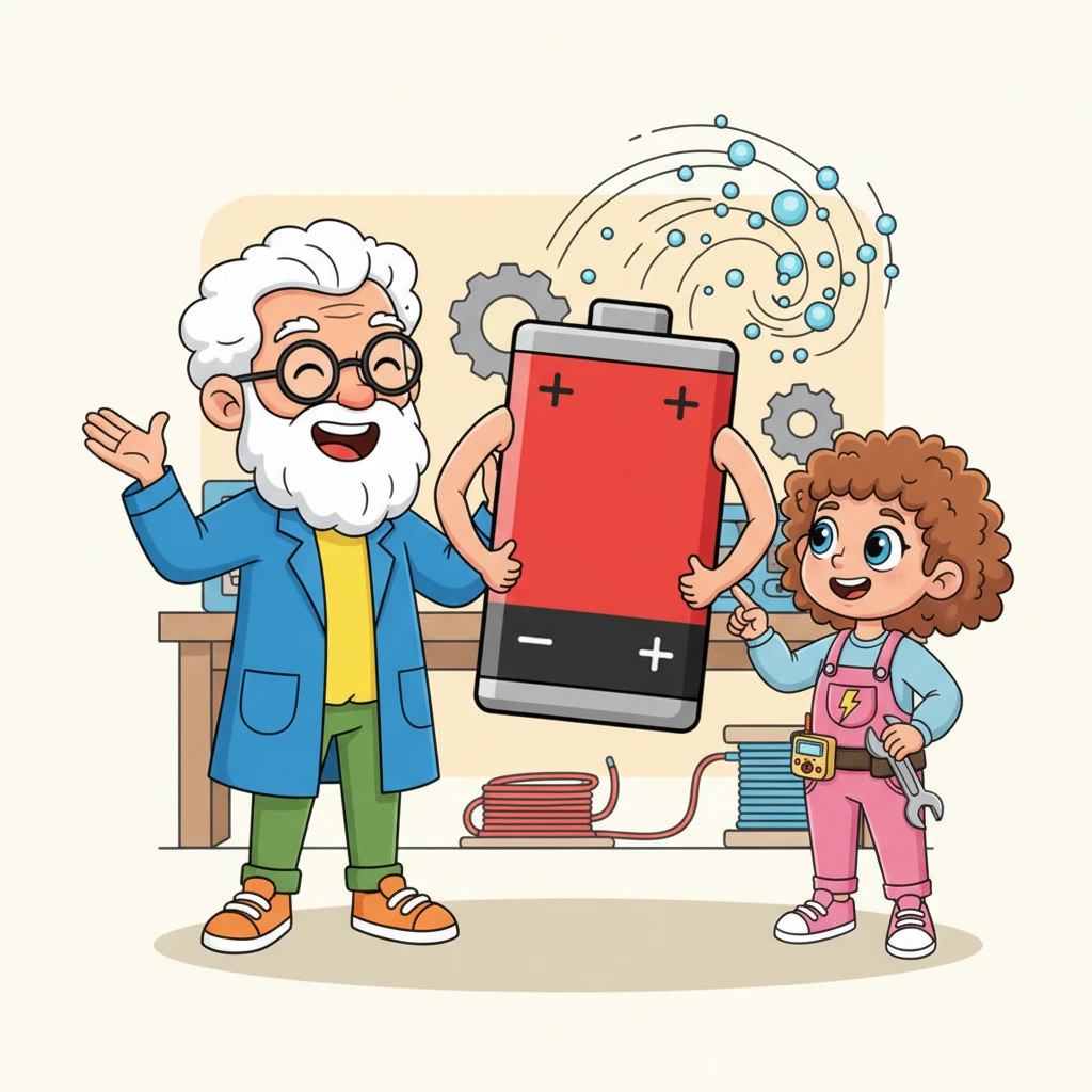 Professor Ohm chuckled and explained 'Voltage' as the 'push' or power behind the electricity, like a big, enthusiastic shove. He presented a larger, more powerful battery, explaining it could give the electrons a stronger push to get them moving faster.