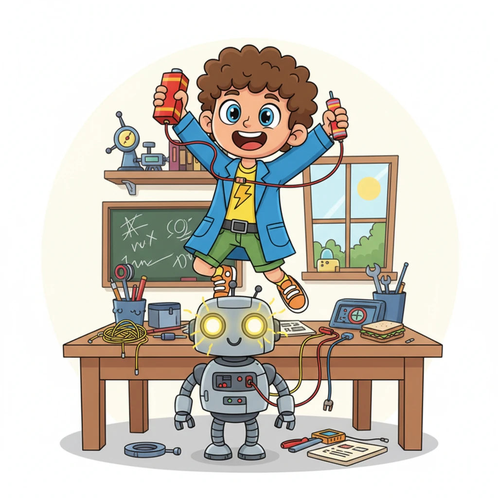 With renewed excitement, Sparky replaced his small battery with the bigger, more powerful one, keeping the small resistor in place. Success! Robo-Buddy's eyes lit up with a brilliant, cheerful glow, almost perfectly bright. Sparky jumped with joy, his invention finally coming to life!