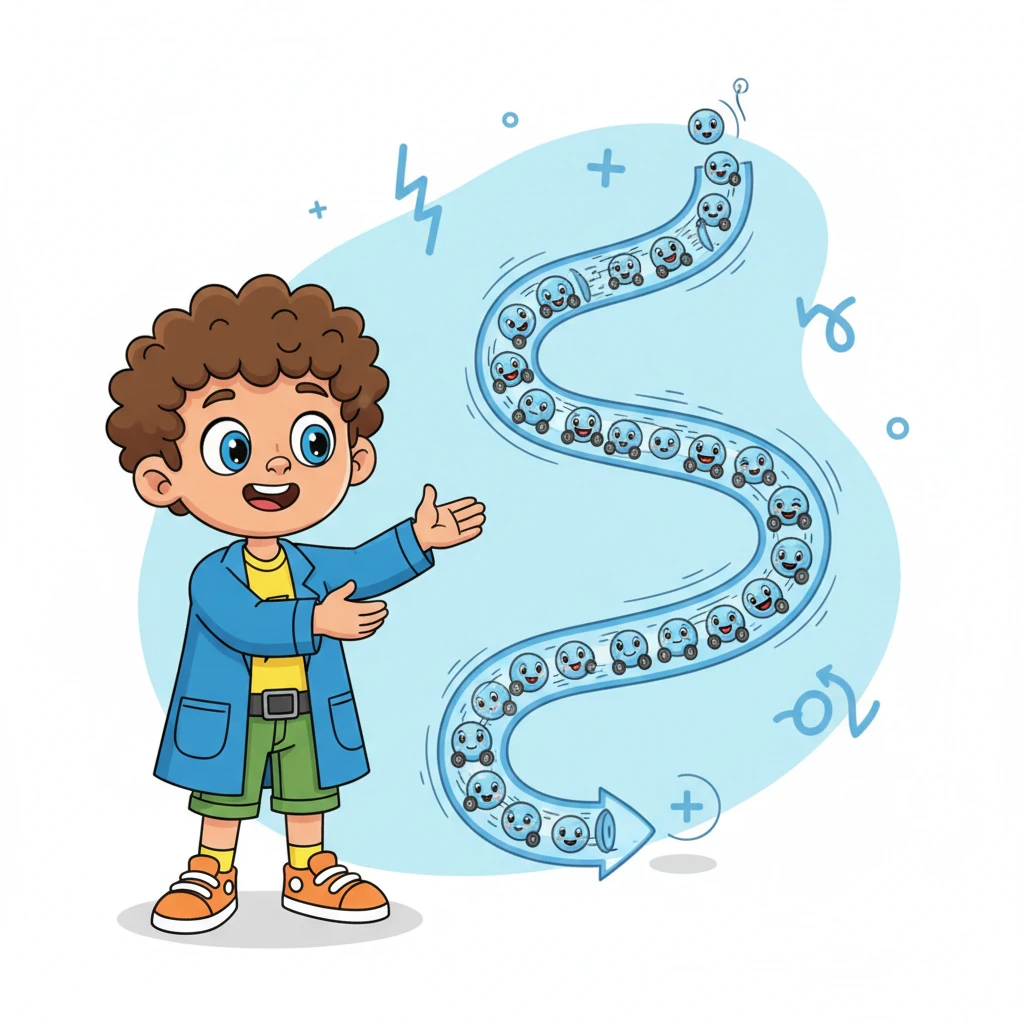 Professor Ohm then explained 'Current' as the actual flow of electricity, like the number of tiny cars (electrons) happily zooming along the road. He showed a whimsical diagram of countless electrons happily flowing through the wire at just the right speed.