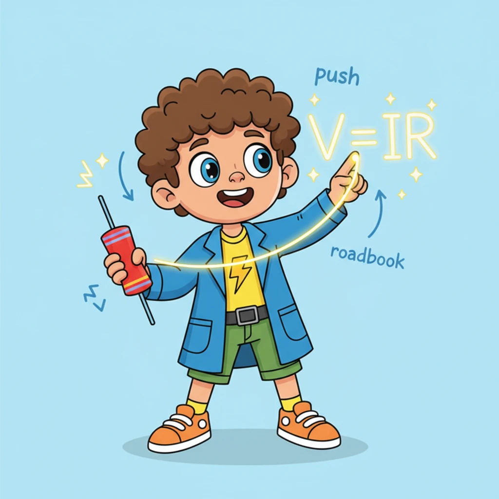 Sparky's eyes widened with understanding! He realized that he needed the right 'push' (Voltage) and the right 'roadblock' (Resistance) to get the perfect 'flow' (Current) for Robo-Buddy. He playfully drew a big 'V=IR' in the air with his finger, finally grasping the secret.