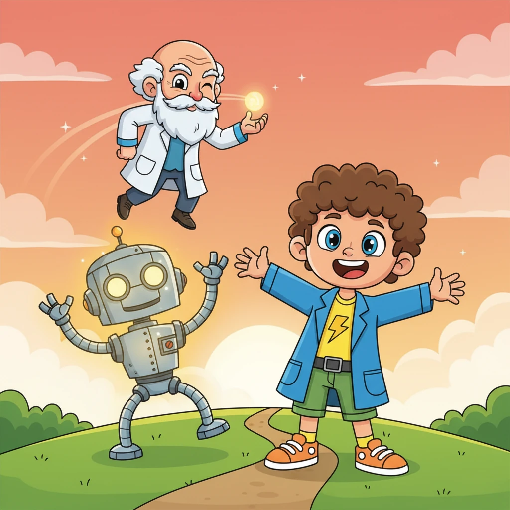 Robo-Buddy was now fully lit and joyfully dancing, his arms flailing in exaggerated celebration, with Sparky beaming proudly beside him. Professor Ohm gave a knowing wink as he soared into the sunset. Sparky, now a master of electricity, knew his inventing days had just begun!