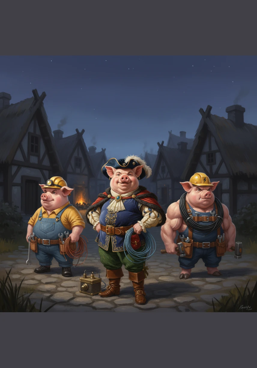 Sparky, Ohm, and Volt stand in the center of their dim village, clutching rolls of wire and shiny tools. They want to bring light to their neighbors, but each pig thinks his own way is the best and decides to work alone.