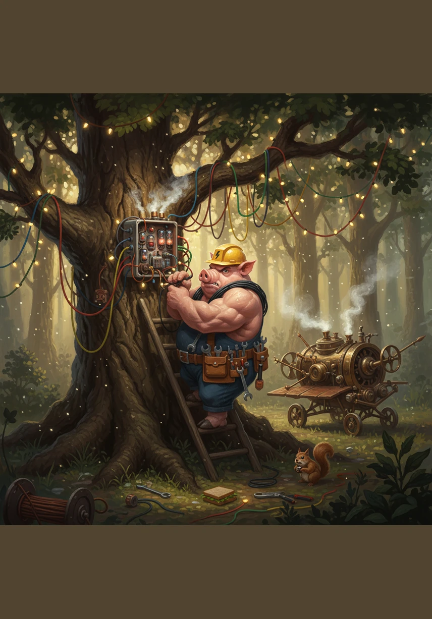 Sparky rushes to finish first, quickly stringing thin, loose wires across the trees like messy cobwebs. He doesn't stop to use insulators or check his connections, focused only on being the fastest pig in town.