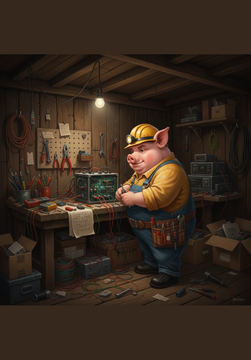 Ohm works by himself in a small shed, trying to build a complicated control panel with mismatched switches and old, rusty fuses. He struggles to keep the heavy metal box steady, refusing to ask his brothers for a helping hand.