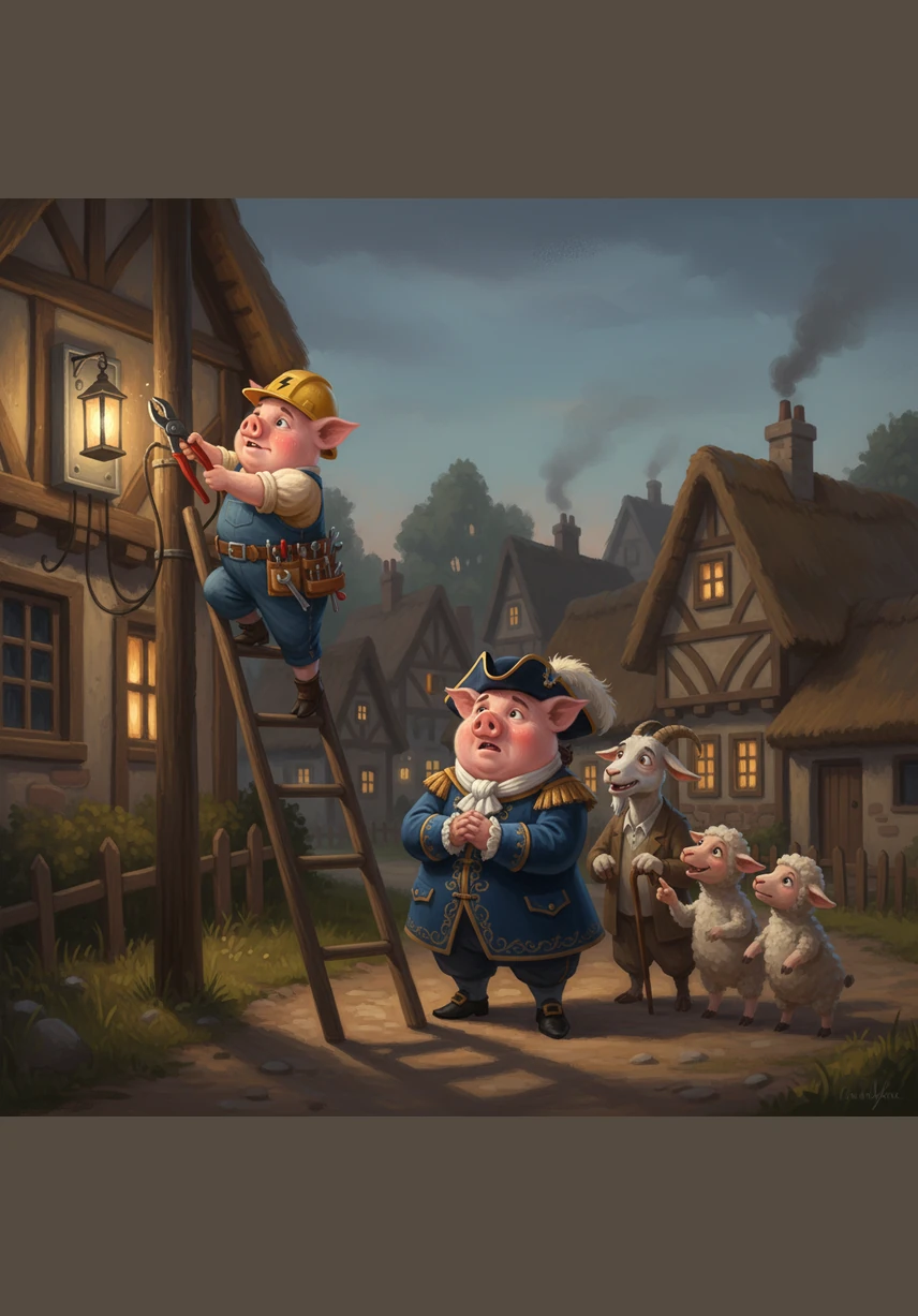 Volt attempts to install a massive transformer at the edge of the village, but the heavy machine is far too big for one pig to move. He pushes with all his might, but the equipment stays stuck in the mud as the sky begins to turn grey.