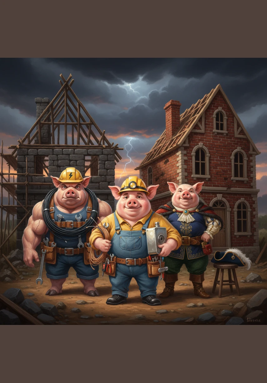 Dark, swirling clouds gather over the horizon, and the wind begins to howl as a massive electrical storm approaches. The pigs look at their individual projects and realize that their lonely efforts might not withstand the coming pressure.