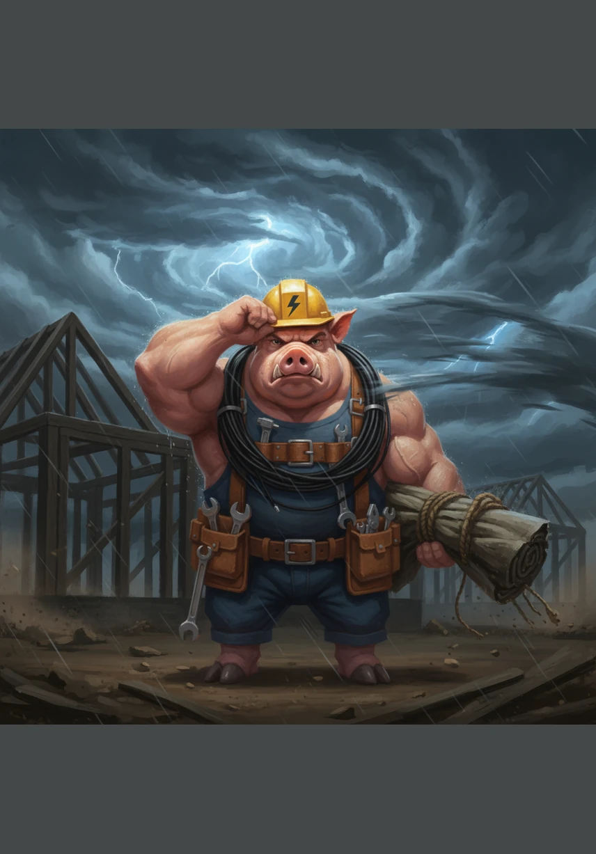 As the first raindrops fall, Sparky’s thin wires begin to sway and spark dangerously in the wind. Nearby, Ohm’s mismatched panel flickers and smokes, showing everyone that a rushed job without a team is a recipe for trouble.