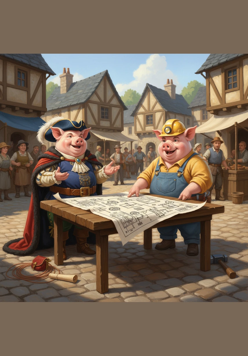 The three brothers drop their tools and run to meet in the middle of the village, realizing they need each other to succeed. They spread a large, detailed blueprint across a table and begin to combine their different skills into one master plan.