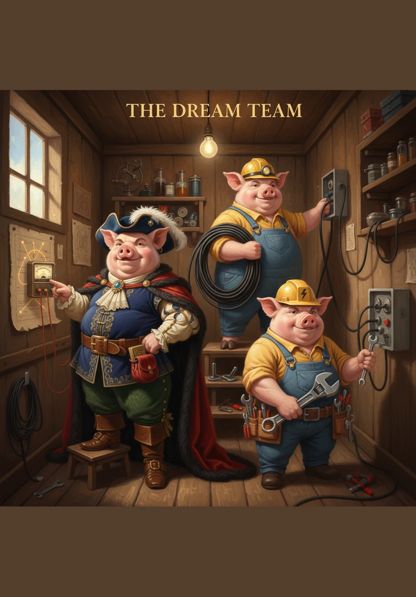 Working together in a perfect rhythm, Sparky carefully tucks the wires into protective conduits while Volt lifts the heavy components into place. Ohm stands at the center, using his knowledge to balance the power and ensure every connection is safe and secure.