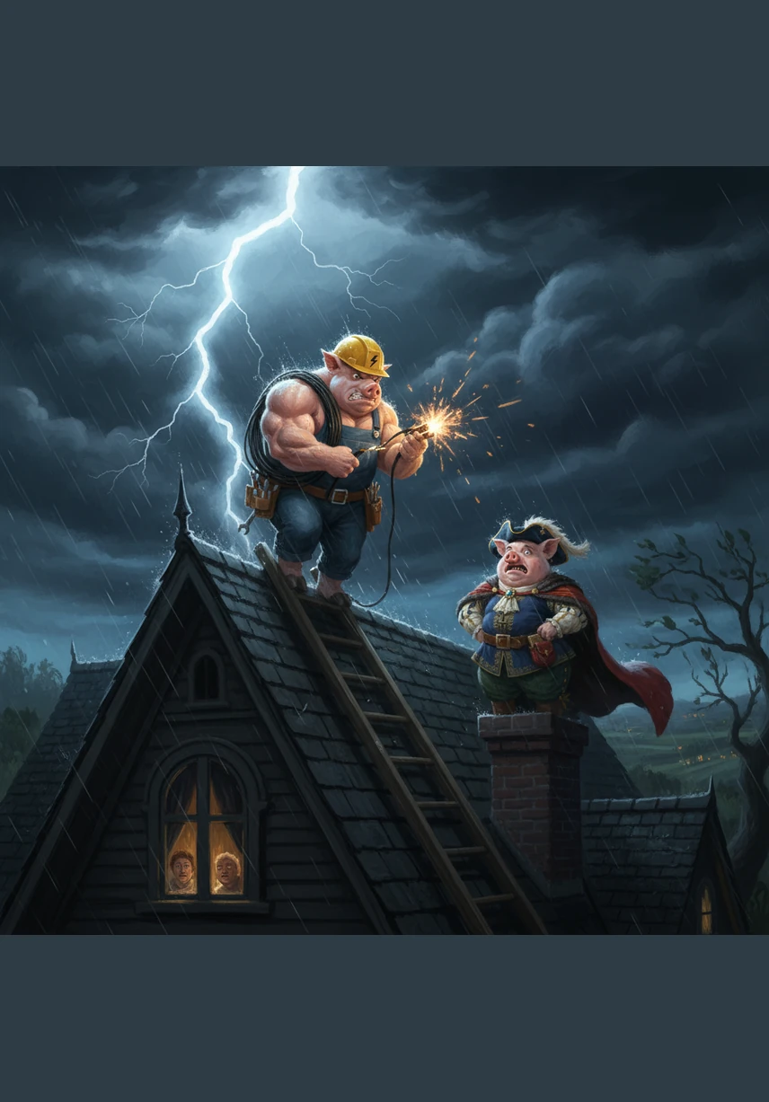 The great storm hits with a flash of lightning, but the pigs’ collaborative electrical grid stays strong and grounded. The village remains safe and quiet as the system handles the surge perfectly, proving that teamwork is the best insulator against failure.