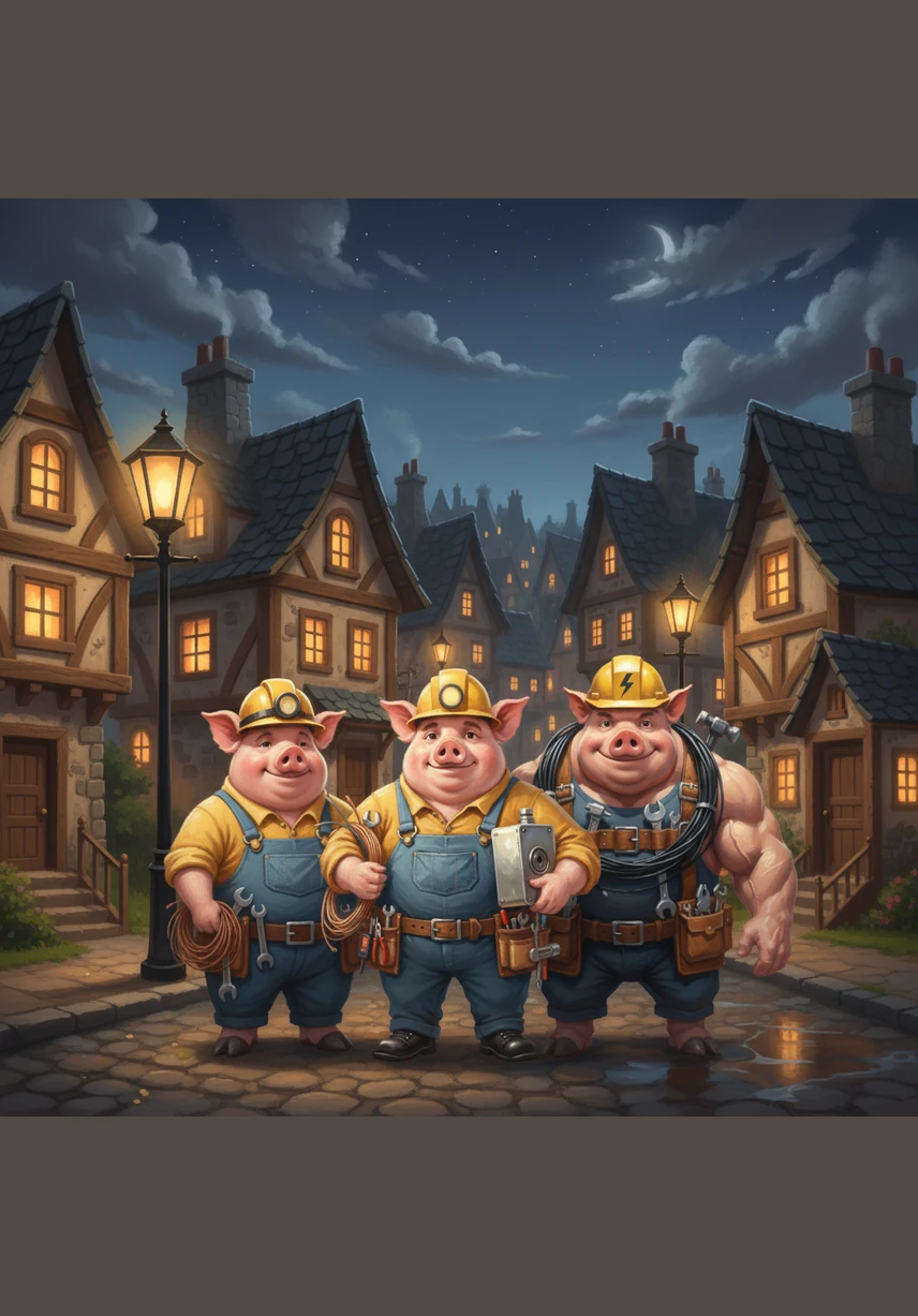 As the storm clears, the entire village of Oinksville glows with warm, steady light from every window. Sparky, Ohm, and Volt stand together under a bright streetlamp, proud that their shared hard work brought safety and light to everyone.