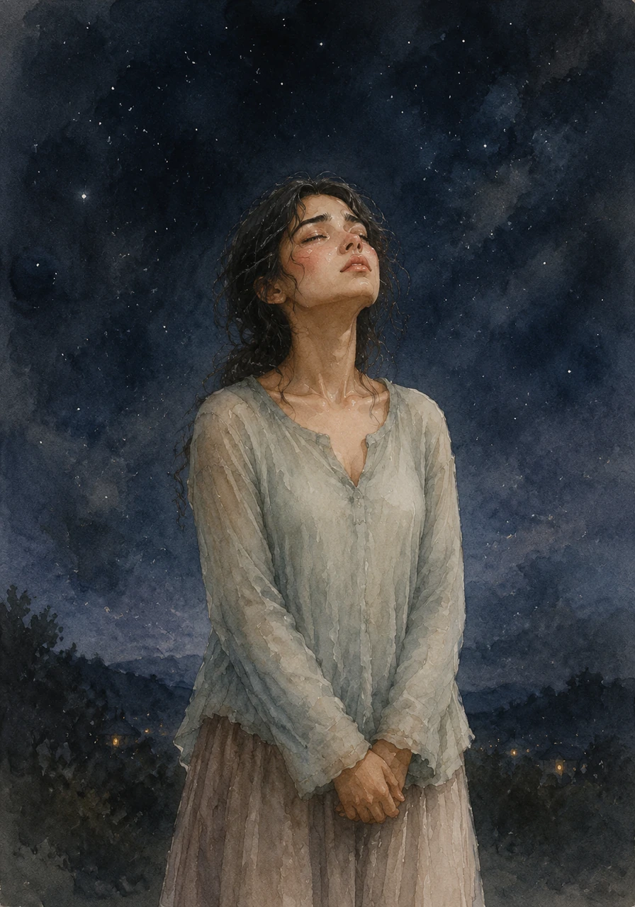 Her gaze is fixed on the vast, dark sky, but her mind is a storm of questions she has spent weeks trying to outrun. She closes her eyes and takes a deep breath, feeling the weight of a pattern she promised herself she would never repeat.