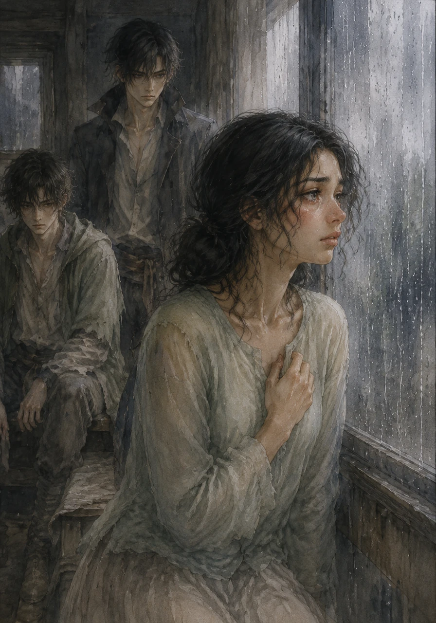 The fear of being the only one holding on grips her chest, a familiar ache from a survival she barely managed once before. She watches the rain begin to streak the glass, mirroring the uncertainty that clouds her understanding of what they have become.